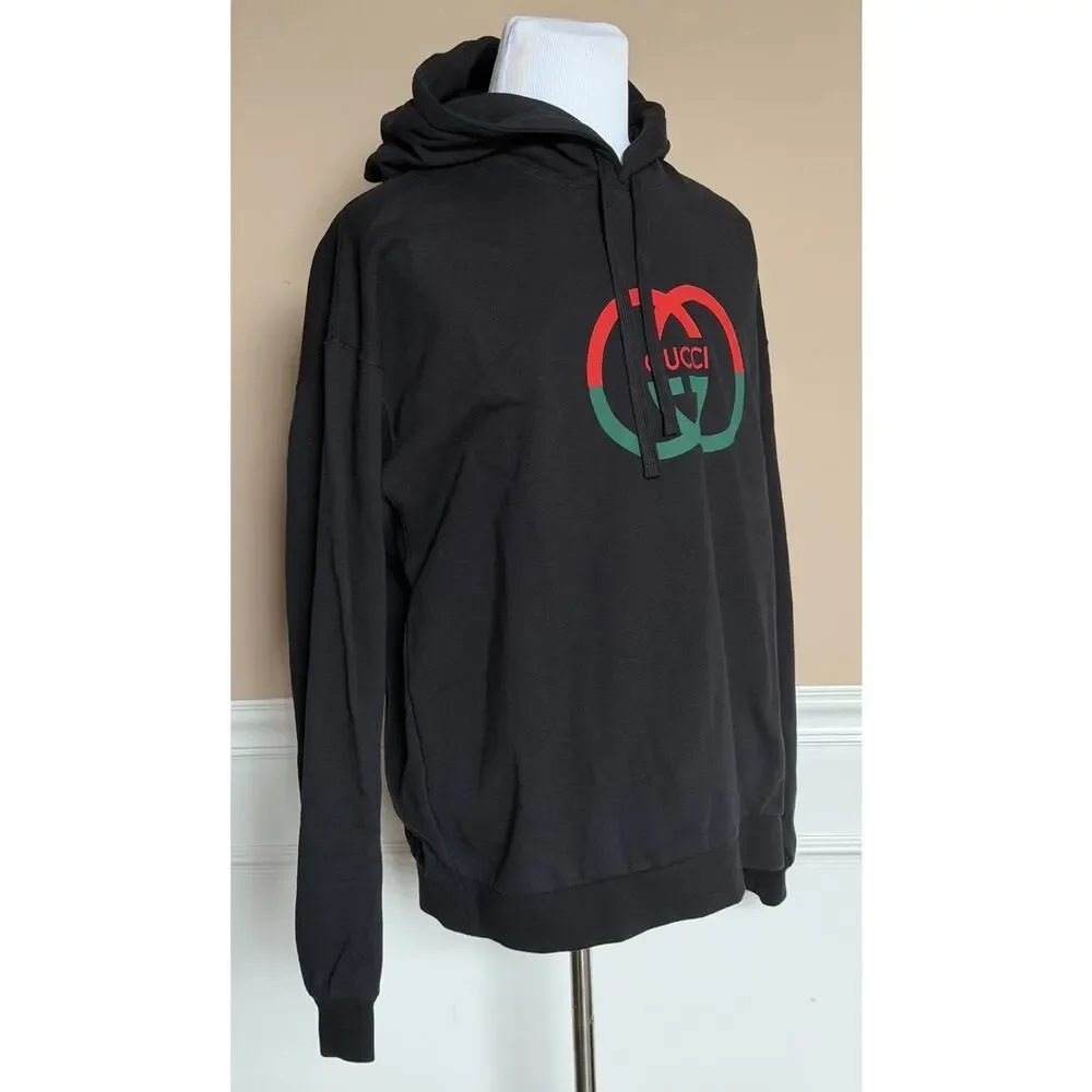 Gucci Interlocking G Logo Hoodie Black Cotton Sweatshirt Men’s Large 721427 NWT